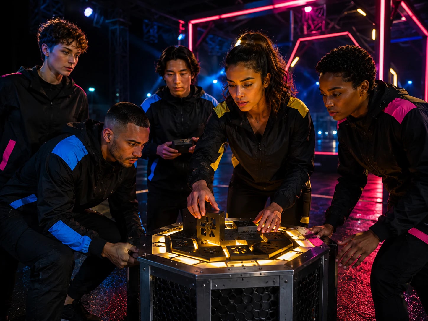 Fictional competitors completing an illuminated city checkpoint challenge.
