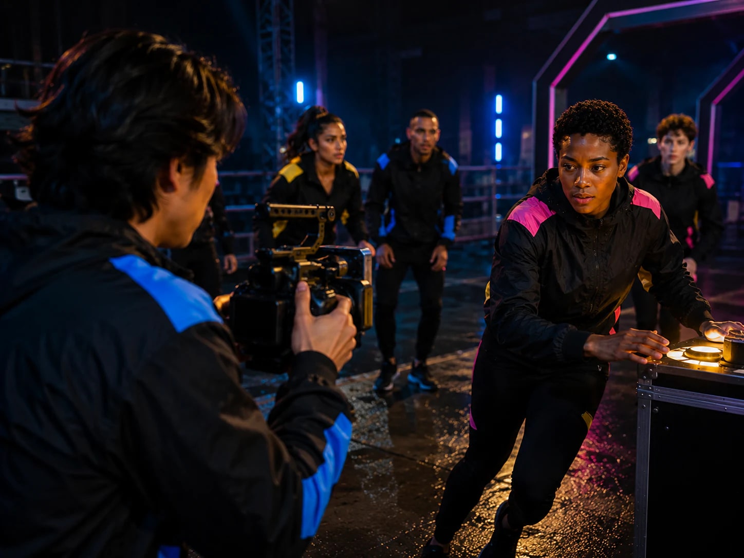 A fictional creator filming a teammate during a fast-moving city challenge.