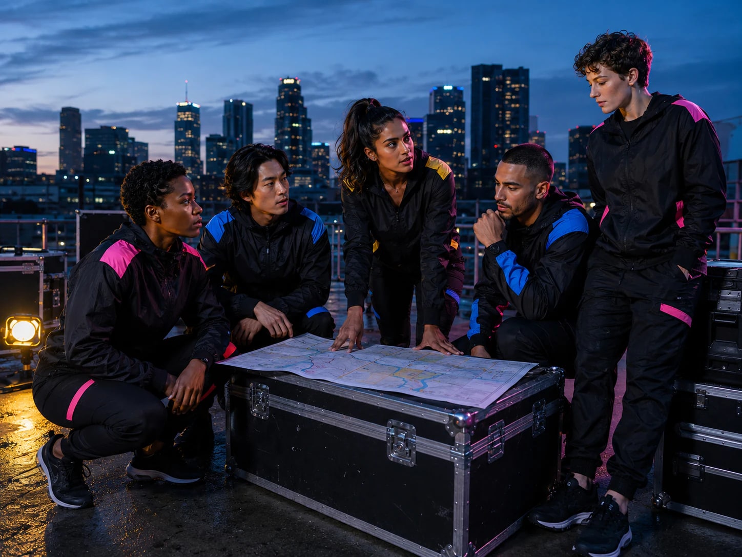A diverse fictional creator team preparing together for a city challenge.