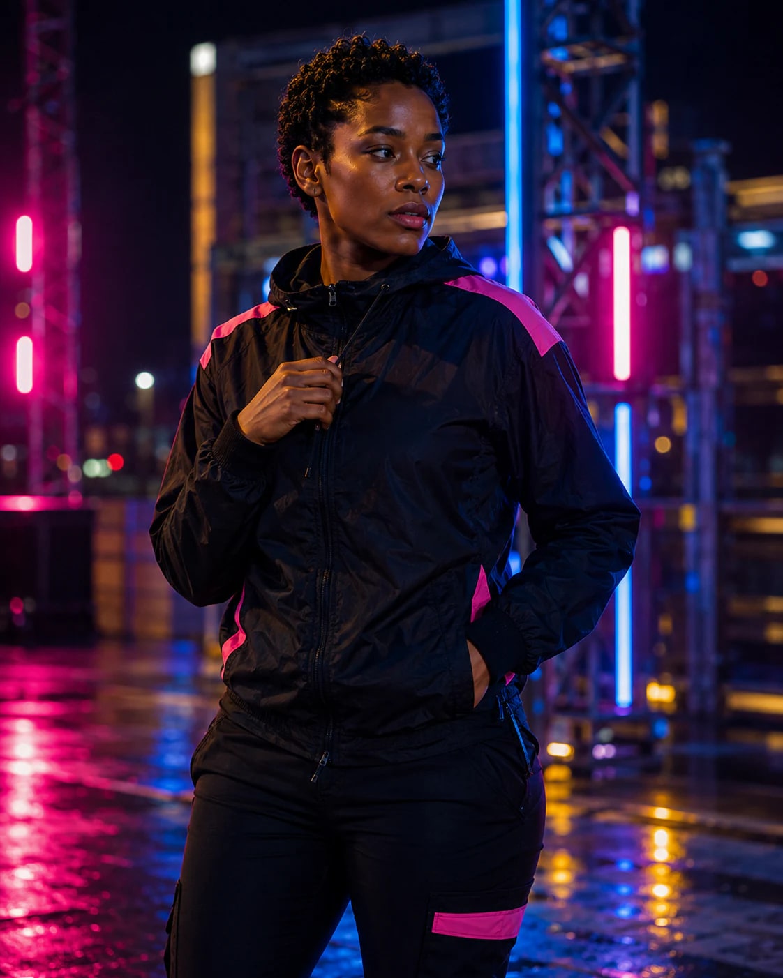 A confident fictional adult creator standing in a neon-lit urban setting.
