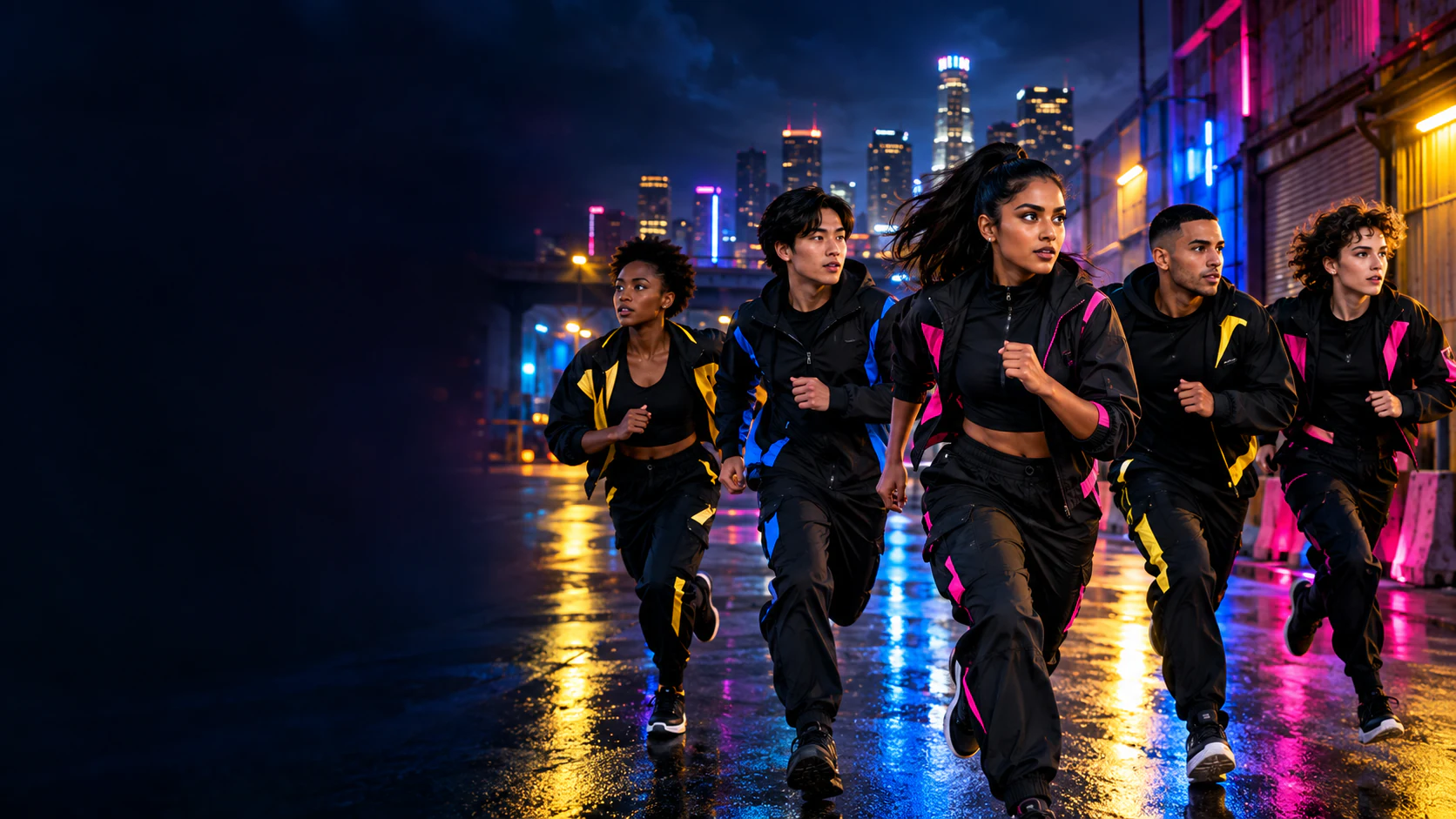 A fictional creator team racing through a cinematic Los Angeles night scene.